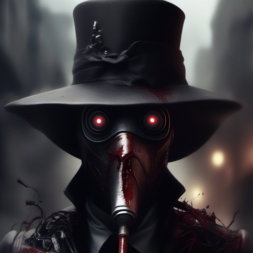 scary with blood, robot, estilo gotico con una mascara negra en forma de pico en una ciudad de neos y con humo de fondo, mascara en forma de pico, plague_mask, corbus_face_ robotic, hightech_robotics, margaret , plague doctor, Marionette,silent hill style