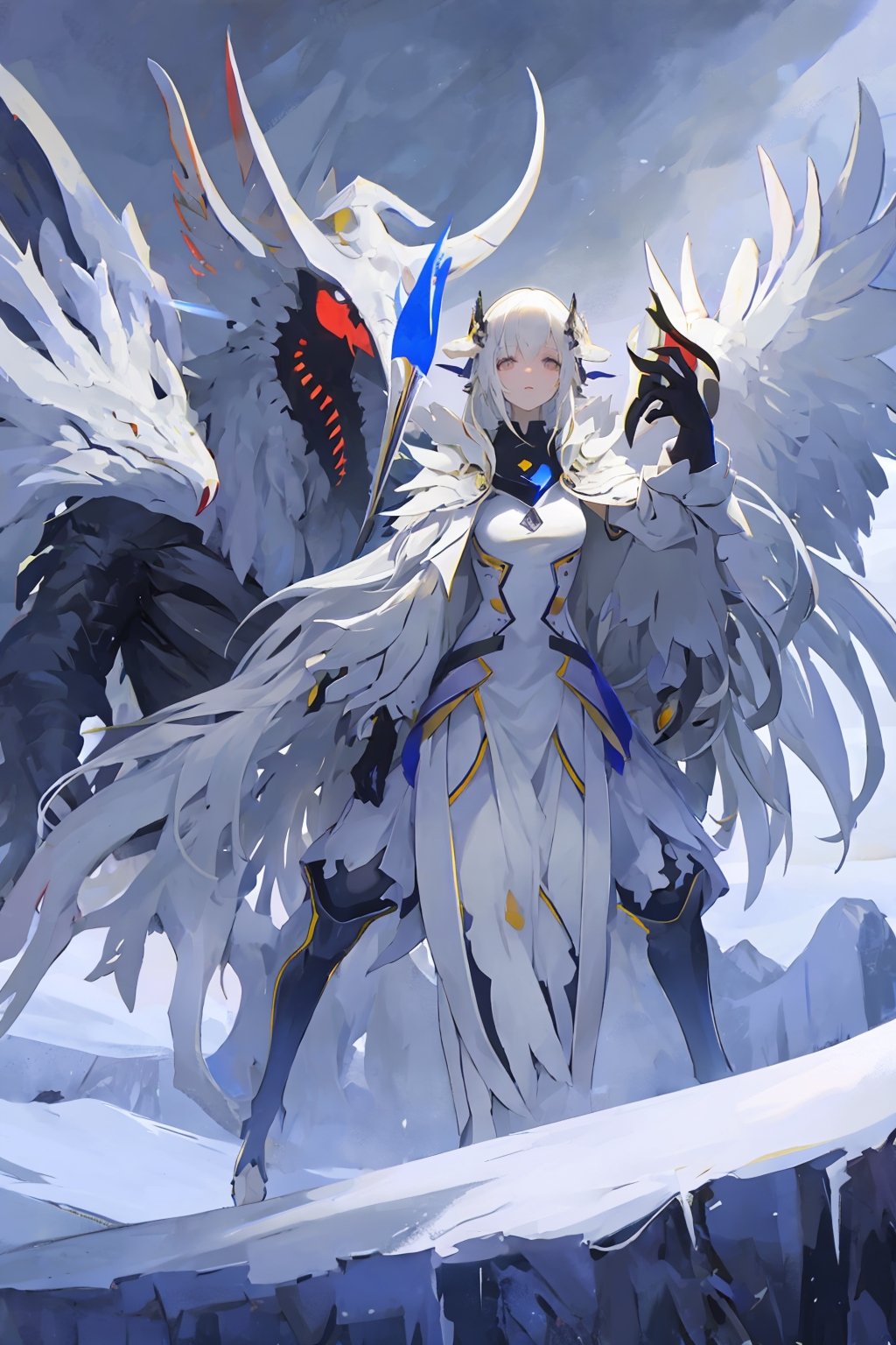 Opium bird, standing, feathers, white feathers, bird, birdman, humanoid, bird head, with extremely long beak, long beak, long mouth, full body, bird legs, bird arms, sinister, terrifying, beautiful , ragged, wide body, fat

High quality, HD, 4kHD, cinematic, atmospheric, realistic, ultra-realistic
snow, mountain, cloudy, gray sky, dark clouds
Detail,lora:largebulg1-000012:1,AIDA_NH_humans