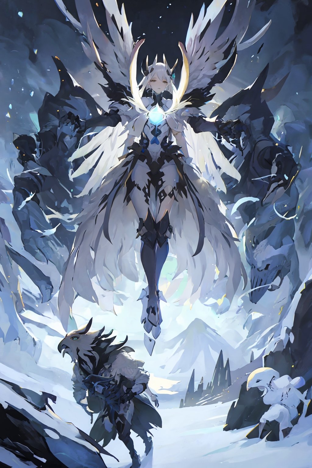 Opium bird, standing, feathers, white feathers, bird, birdman, humanoid, bird head, with extremely long beak, long beak, long mouth, full body, bird legs, bird arms, sinister, terrifying, beautiful , ragged, wide body, fat

High quality, HD, 4kHD, cinematic, atmospheric, realistic, ultra-realistic
snow, mountain, cloudy, gray sky, dark clouds
Detail,lora:largebulg1-000012:1,AIDA_NH_humans