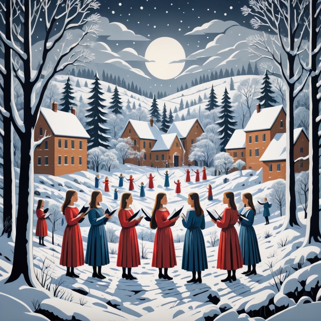 Artistic style of Gerd Arntz, girls in a snowy landscape singing in a choir, snowy and Christmas landscape.,Leonardo Style