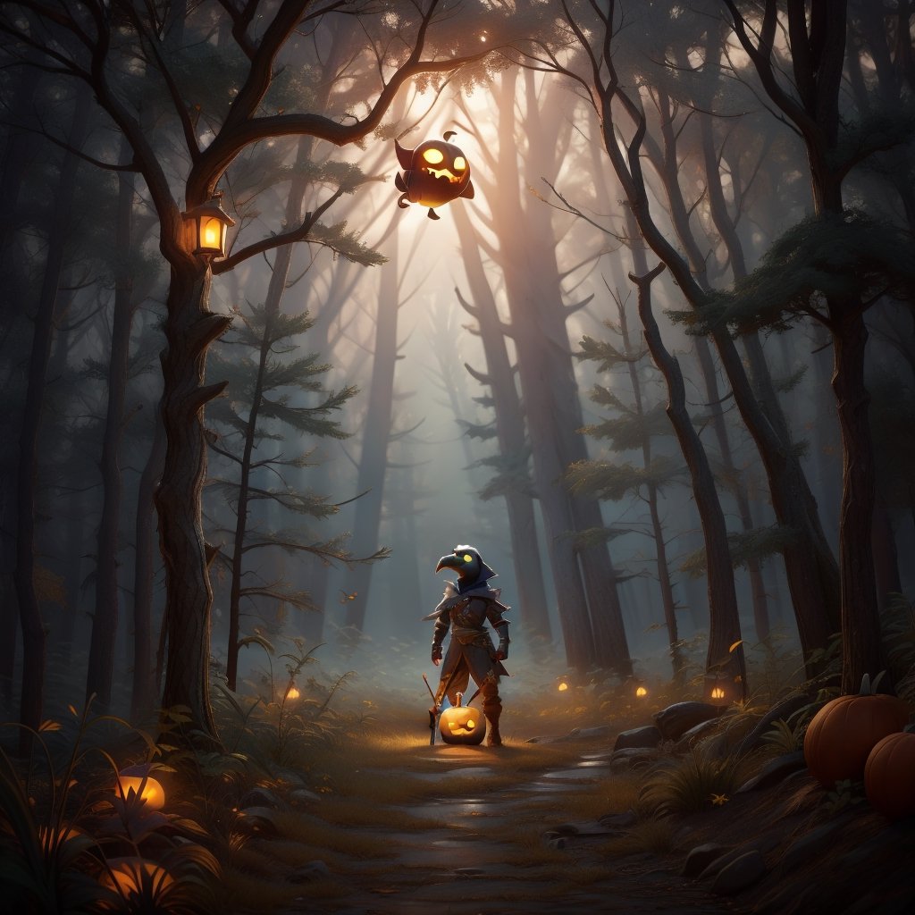 "death prophet" from Dota2 surrounded by her ghosts, glowing green eyes, full body shot, cinematic lighting, gloomy mood, horror,plague doctor,horror,Jack o 'Lantern, jack-o'-lantern monster, little elves with jack-o'-lantern heads, clash of clash, heterochromia,DonMF41ryW1ng5