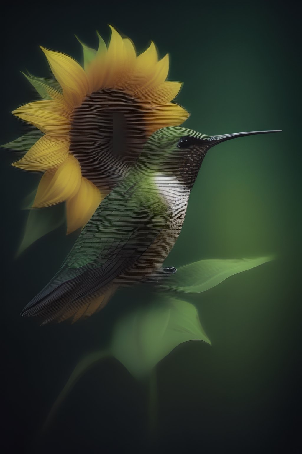 Create an elegant and captivating portrait of a wonderful hummingbird sniffing a sunflower. Use vibrant light and shadow to highlight complex details and jagged edges. Let the dark black and gold textured background accentuate the painting, combining modern styles with neon green and yellow paints, give a touch of pen painting, watercolor and oil techniques. Embrace negative space with captivating brushstrokes and stencil art, evoking beauty and allure.,Digital painting ,ColorART,pencil sketch,<lora:659095807385103906:1.0>