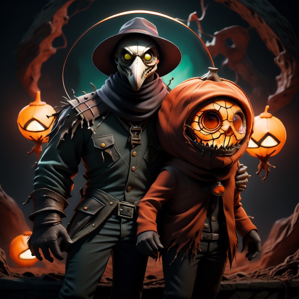 "death prophet" from Dota2 surrounded by her ghosts, glowing green eyes, full body shot, cinematic lighting, gloomy mood, horror,plague doctor,horror,Jack o 'Lantern, jack-o'-lantern monster, little elves with jack-o'-lantern heads, clash of clash, heterochromia,EpicArt,AGE REGRESSION,DonMG414