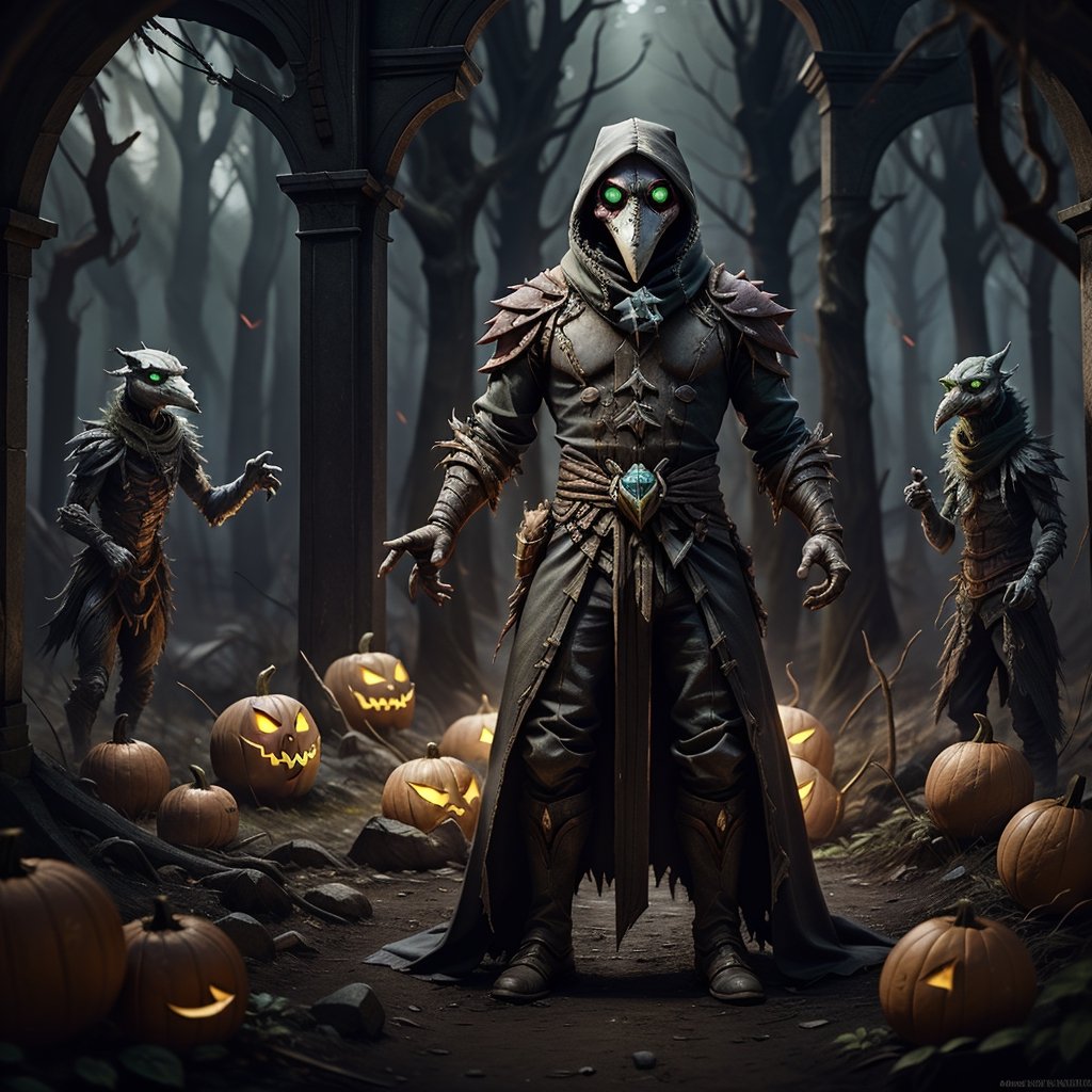 "death prophet" from Dota2 surrounded by her ghosts, glowing green eyes, full body shot, cinematic lighting, gloomy mood, horror,plague doctor,horror,Jack o 'Lantern