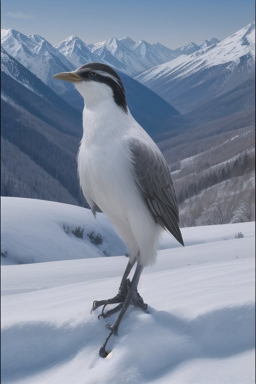 Furry, Humanoide, hombre disfrazado de pájaro, Hombre pájaro aterrador de plumaje blanco y pelo blanco con largo pico fotorrealista y extremadamente realista de pie en un paisaje nevado,<lora:659111690174031528:1.0>