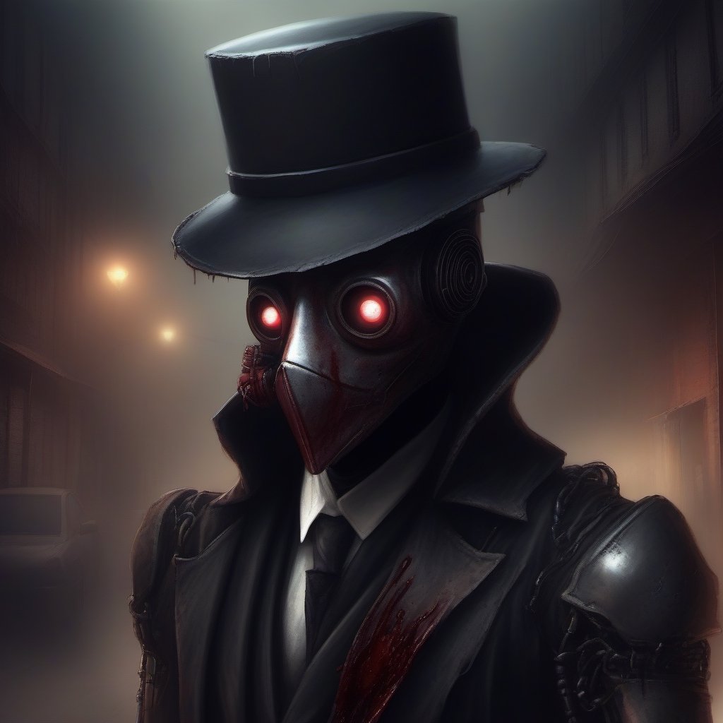 scary with blood, robot, estilo gotico con una mascara negra en forma de pico en una ciudad de neos y con humo de fondo, mascara en forma de pico, plague_mask, corbus_face_ robotic, hightech_robotics, margaret , plague doctor, Marionette,silent hill style