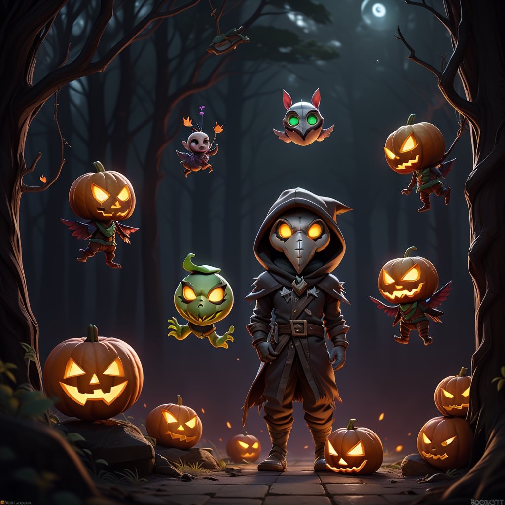 "death prophet" from Dota2 surrounded by her ghosts, glowing green eyes, full body shot, cinematic lighting, gloomy mood, horror,plague doctor,horror,Jack o 'Lantern, jack-o'-lantern monster, little elves with jack-o'-lantern heads, clash of clash