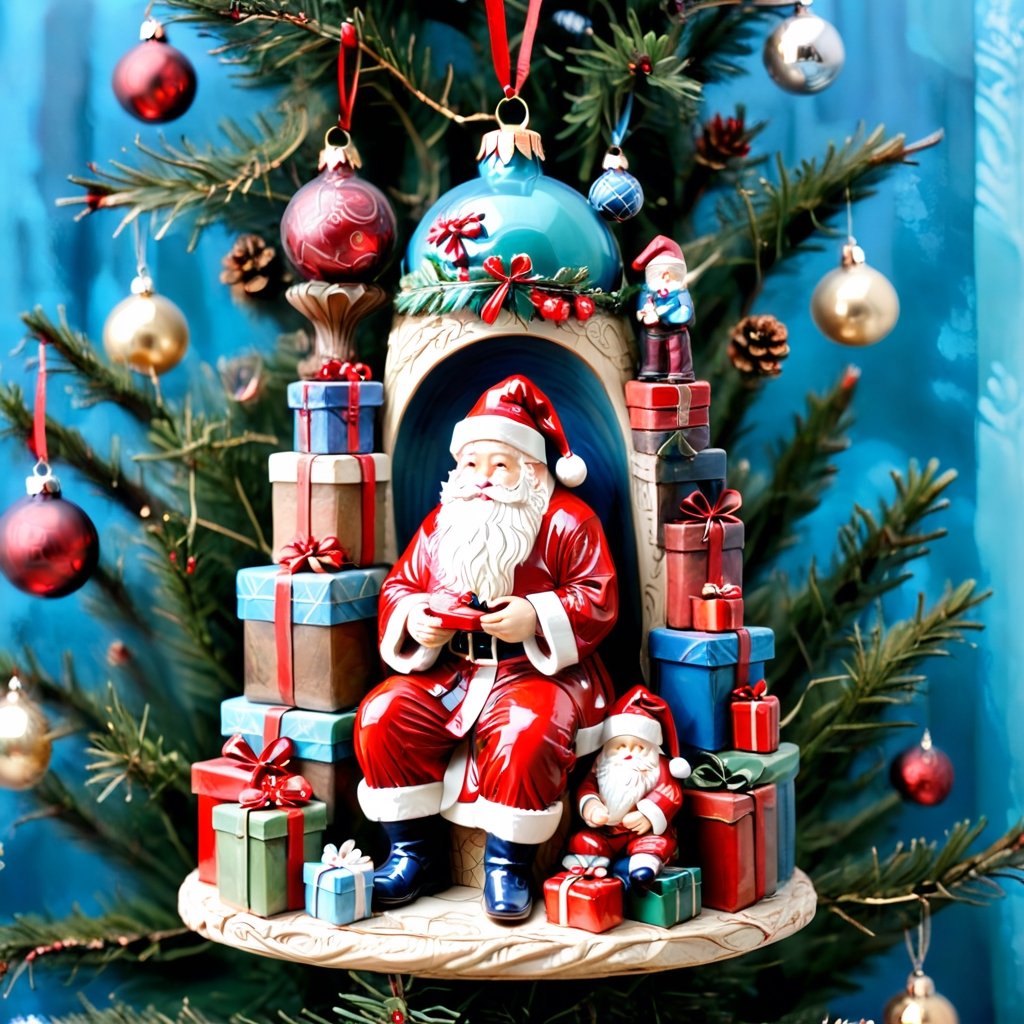 Santa Claus with a small child on his knee, surrounded by gifts of various colors, Christmas atmosphere

Art style by Kate Baylay,christmas_ornament