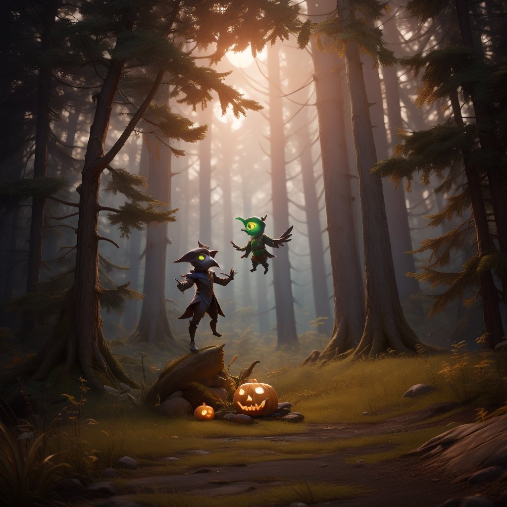 "death prophet" from Dota2 surrounded by her ghosts, glowing green eyes, full body shot, cinematic lighting, gloomy mood, horror,plague doctor,horror,Jack o 'Lantern, jack-o'-lantern monster, little elves with jack-o'-lantern heads, clash of clash, heterochromia,DonMF41ryW1ng5,LatexConcept