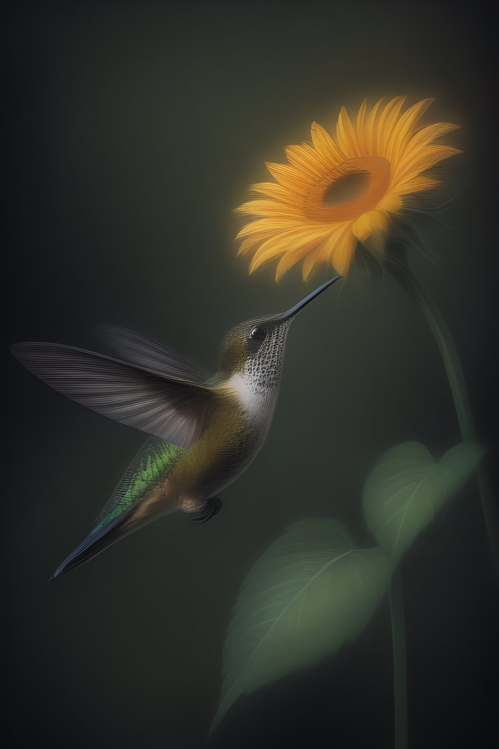 Create an elegant and captivating portrait of a wonderful hummingbird sniffing a sunflower. Use vibrant light and shadow to highlight complex details and jagged edges. Let the dark black and gold textured background accentuate the painting, combining modern styles with neon green and yellow paints, give a touch of pen painting, watercolor and oil techniques. Embrace negative space with captivating brushstrokes and stencil art, evoking beauty and allure.,Digital painting ,ColorART,pencil sketch,<lora:659095807385103906:1.0>