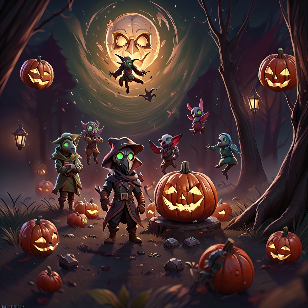 "death prophet" from Dota2 surrounded by her ghosts, glowing green eyes, full body shot, cinematic lighting, gloomy mood, horror,plague doctor,horror,Jack o 'Lantern, jack-o'-lantern monster, little elves with jack-o'-lantern heads, clash of clash, heterochromia,EpicArt,AGE REGRESSION