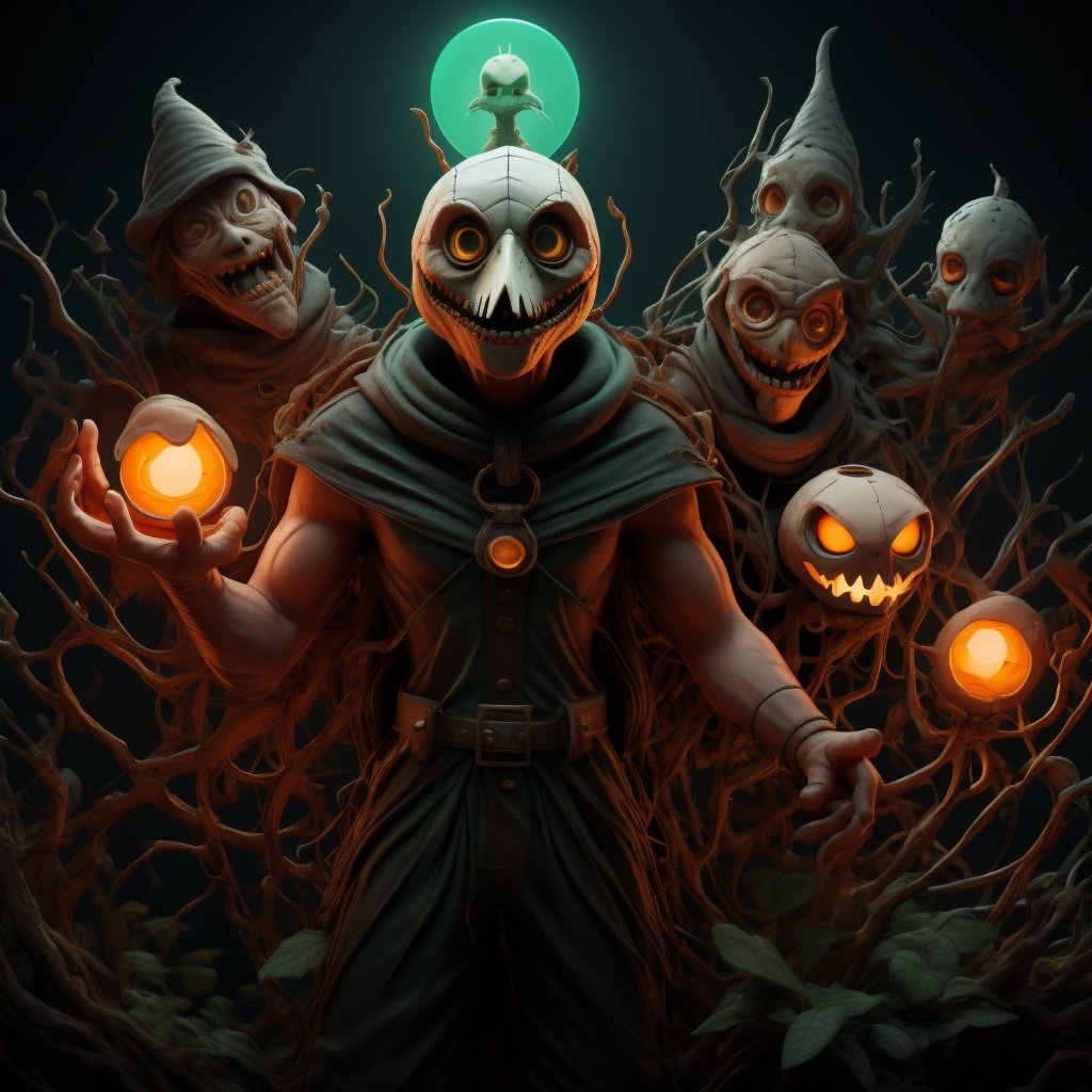 "death prophet" from Dota2 surrounded by her ghosts, glowing green eyes, full body shot, cinematic lighting, gloomy mood, horror,plague doctor,horror,Jack o 'Lantern, jack-o'-lantern monster, little elves with jack-o'-lantern heads, clash of clash, heterochromia,EpicArt,AGE REGRESSION,DonMG414