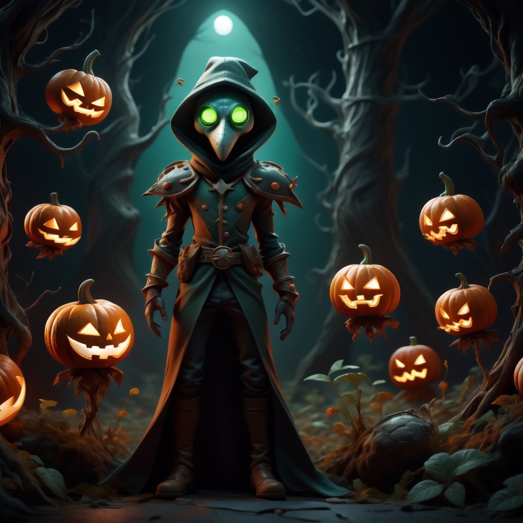 "death prophet" from Dota2 surrounded by her ghosts, glowing green eyes, full body shot, cinematic lighting, gloomy mood, horror,plague doctor,horror,Jack o 'Lantern, jack-o'-lantern monster, little elves with jack-o'-lantern heads, clash of clash, heterochromia,EpicArt,AGE REGRESSION,DonMG414 