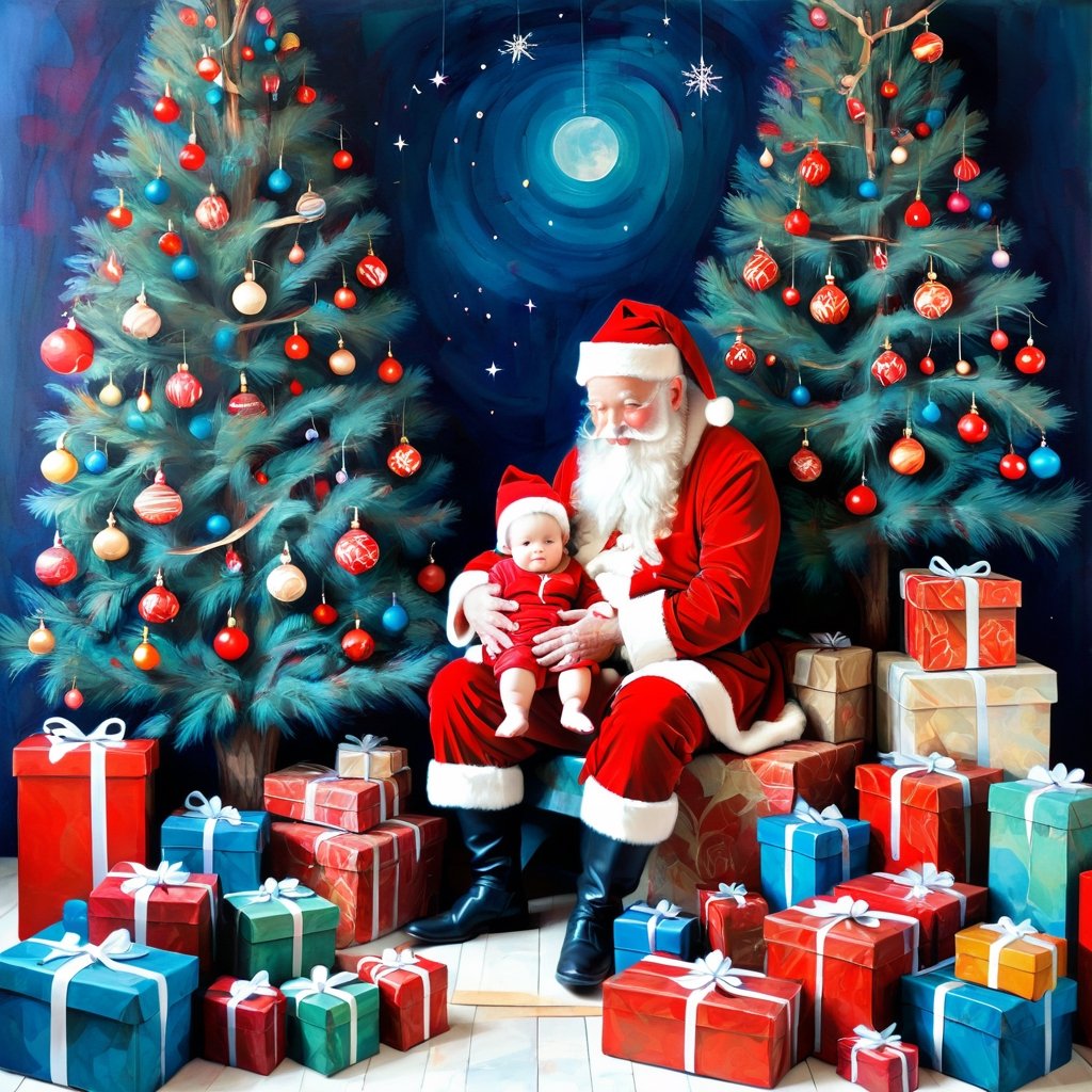 Santa Claus with a small child on his knee, surrounded by gifts of various colors, Christmas atmosphere

Art style by Kate Baylay