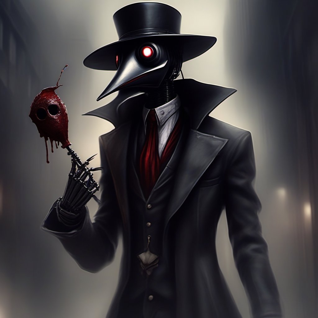 scary with blood, robot, estilo gotico con una mascara negra en forma de pico en una ciudad de neos y con humo de fondo, mascara en forma de pico, plague_mask, corbus_face_ robotic, hightech_robotics, margaret , plague doctor, Marionette,silent hill style