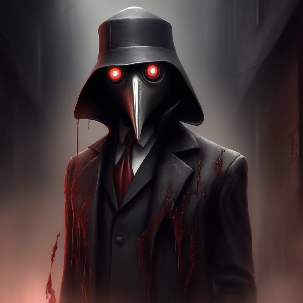 scary with blood, robot, estilo gotico con una mascara negra en forma de pico en una ciudad de neos y con humo de fondo, mascara en forma de pico, plague_mask, corbus_face_ robotic, hightech_robotics, margaret , plague doctor, Marionette,silent hill style