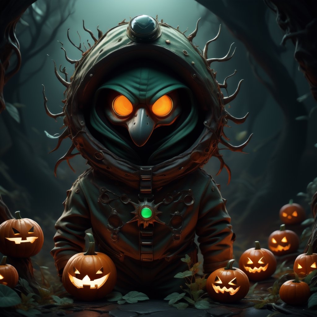 "death prophet" from Dota2 surrounded by her ghosts, glowing green eyes, full body shot, cinematic lighting, gloomy mood, horror,plague doctor,horror,Jack o 'Lantern, jack-o'-lantern monster, little elves with jack-o'-lantern heads, clash of clash, heterochromia,EpicArt,AGE REGRESSION,DonMG414 