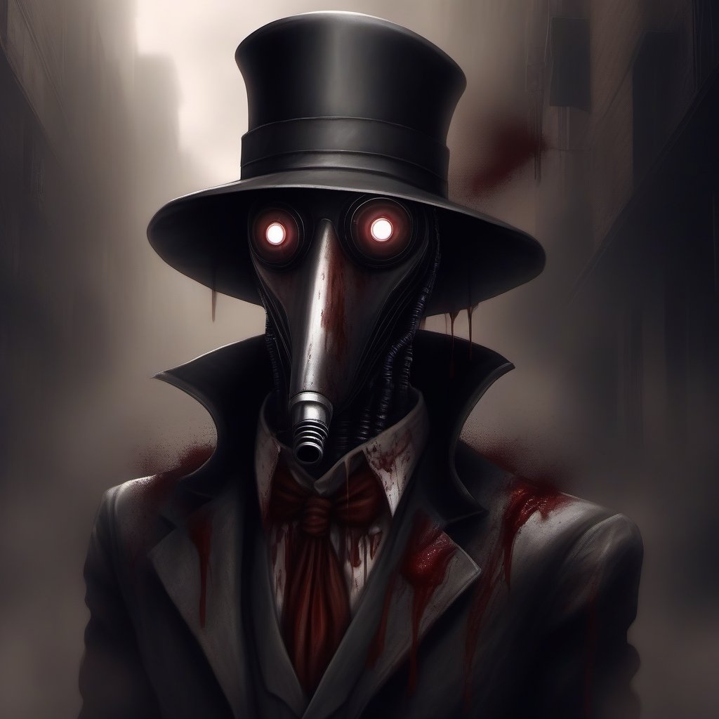 scary with blood, robot, estilo gotico con una mascara negra en forma de pico en una ciudad de neos y con humo de fondo, mascara en forma de pico, plague_mask, corbus_face_ robotic, hightech_robotics, margaret , plague doctor, Marionette,silent hill style