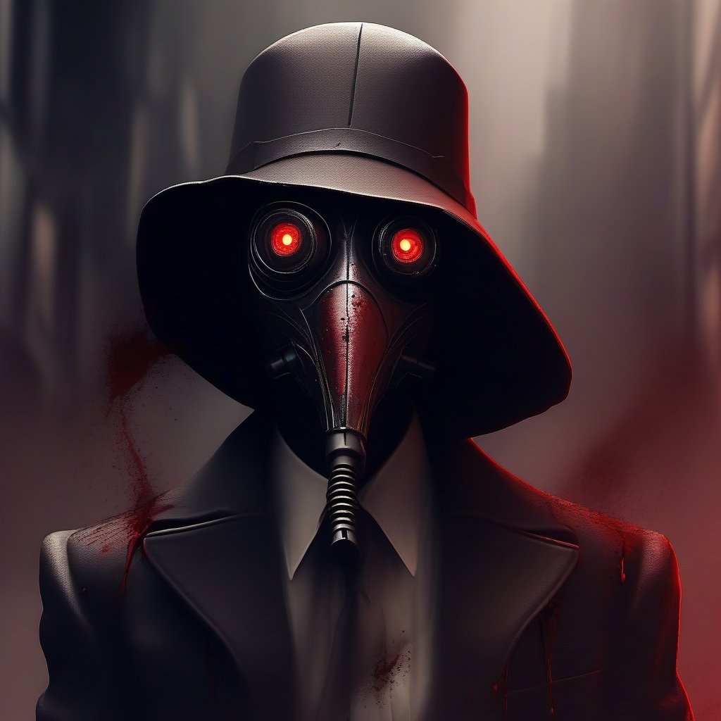 scary with blood, robot, estilo gotico con una mascara negra en forma de pico en una ciudad de neos y con humo de fondo, mascara en forma de pico, plague_mask, corbus_face_ robotic, hightech_robotics, margaret , plague doctor, Marionette,silent hill style