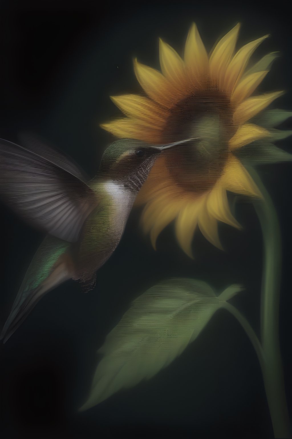 Create an elegant and captivating portrait of a wonderful hummingbird sniffing a sunflower. Use vibrant light and shadow to highlight complex details and jagged edges. Let the dark black and gold textured background accentuate the painting, combining modern styles with neon green and yellow paints, give a touch of pen painting, watercolor and oil techniques. Embrace negative space with captivating brushstrokes and stencil art, evoking beauty and allure.,Digital painting ,ColorART,pencil sketch,<lora:659095807385103906:1.0>