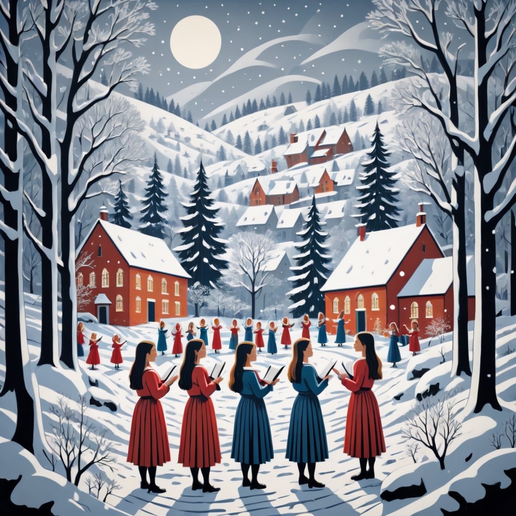 Artistic style of Gerd Arntz, girls in a snowy landscape singing in a choir, snowy and Christmas landscape.,Leonardo Style