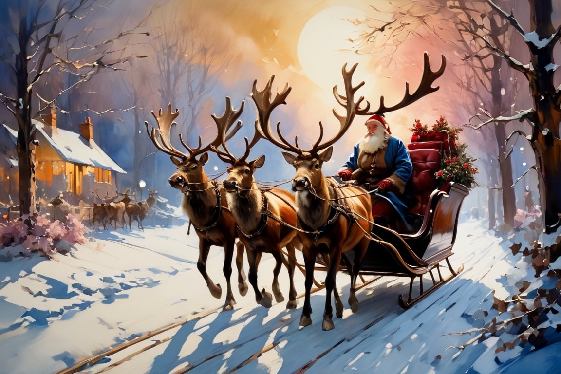 Christmas scene, a flying sleigh pulled by reindeer, magical scene, Santa Claus


Paul Hedley's artistic style in burnt umber and rose tones,

,BJ_Blue_butterfly