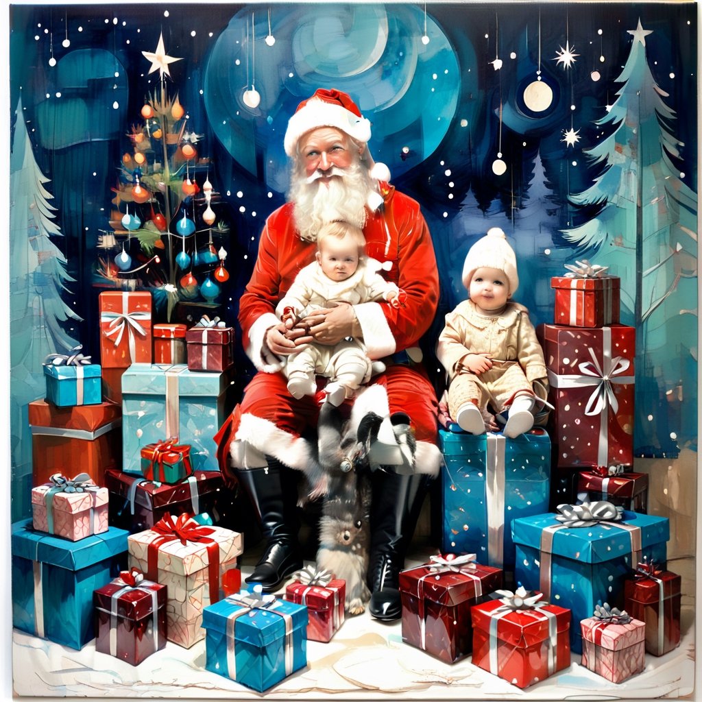 Santa Claus with a small child on his knee, surrounded by gifts of various colors, Christmas atmosphere

Art style by Kate Baylay,