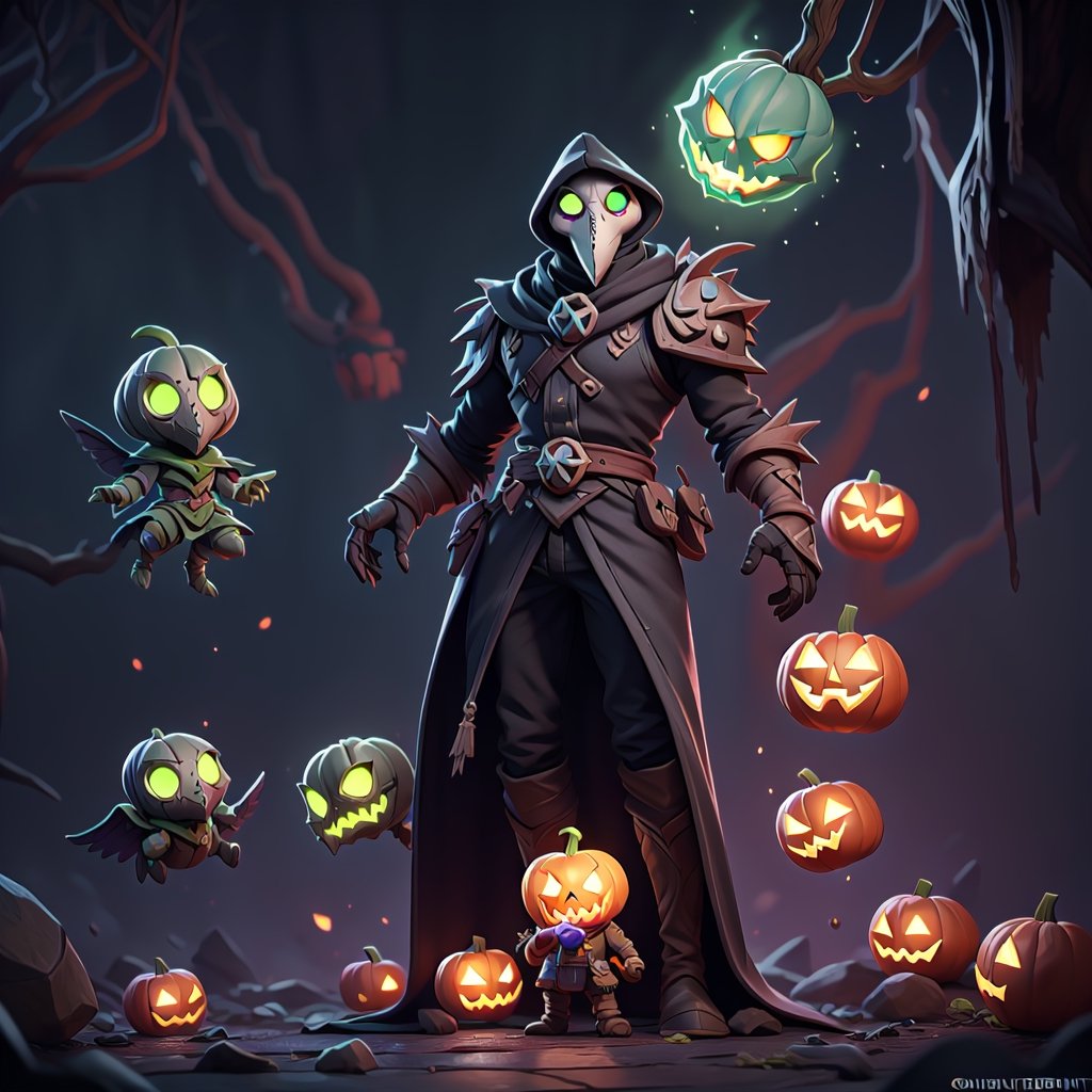 "death prophet" from Dota2 surrounded by her ghosts, glowing green eyes, full body shot, cinematic lighting, gloomy mood, horror,plague doctor,horror,Jack o 'Lantern, jack-o'-lantern monster, little elves with jack-o'-lantern heads, clash of clash, heterochromia,EpicArt,AGE REGRESSION