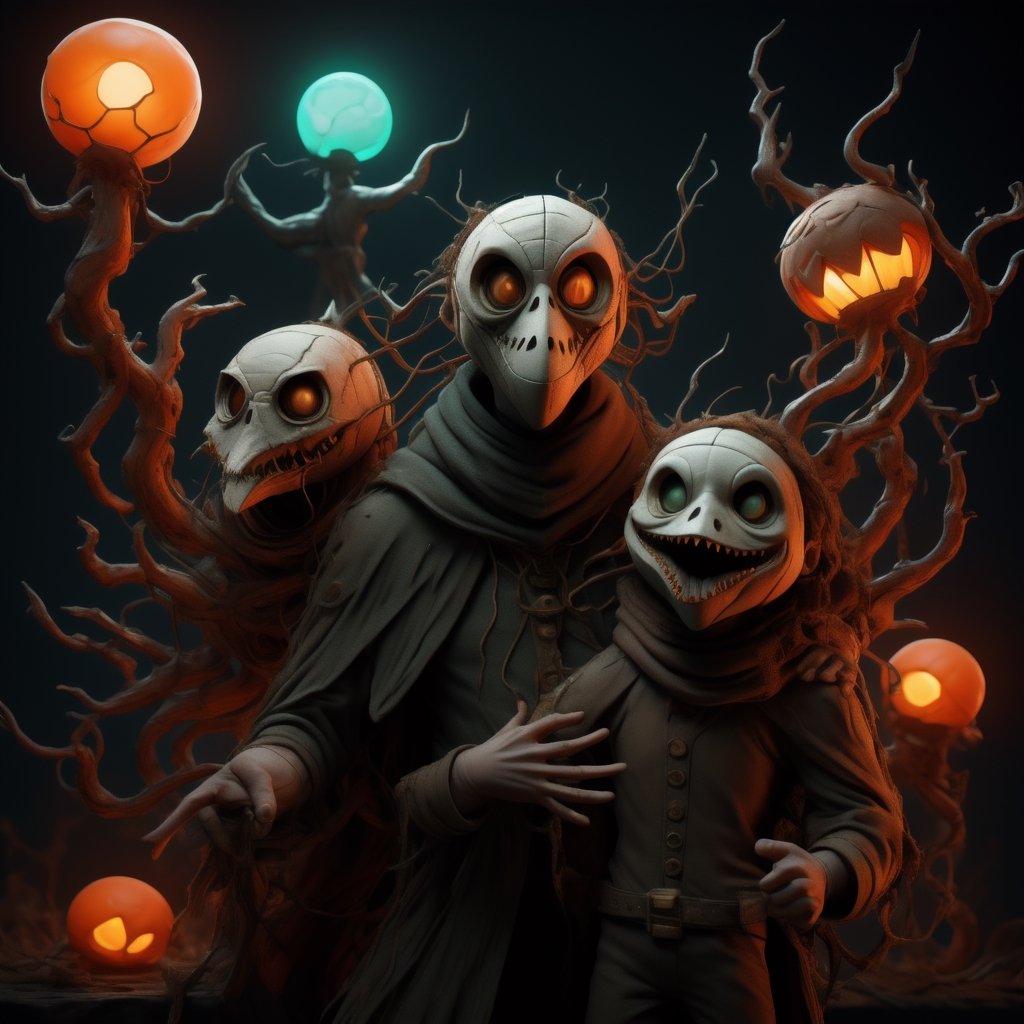 "death prophet" from Dota2 surrounded by her ghosts, glowing green eyes, full body shot, cinematic lighting, gloomy mood, horror,plague doctor,horror,Jack o 'Lantern, jack-o'-lantern monster, little elves with jack-o'-lantern heads, clash of clash, heterochromia,EpicArt,AGE REGRESSION,DonMG414