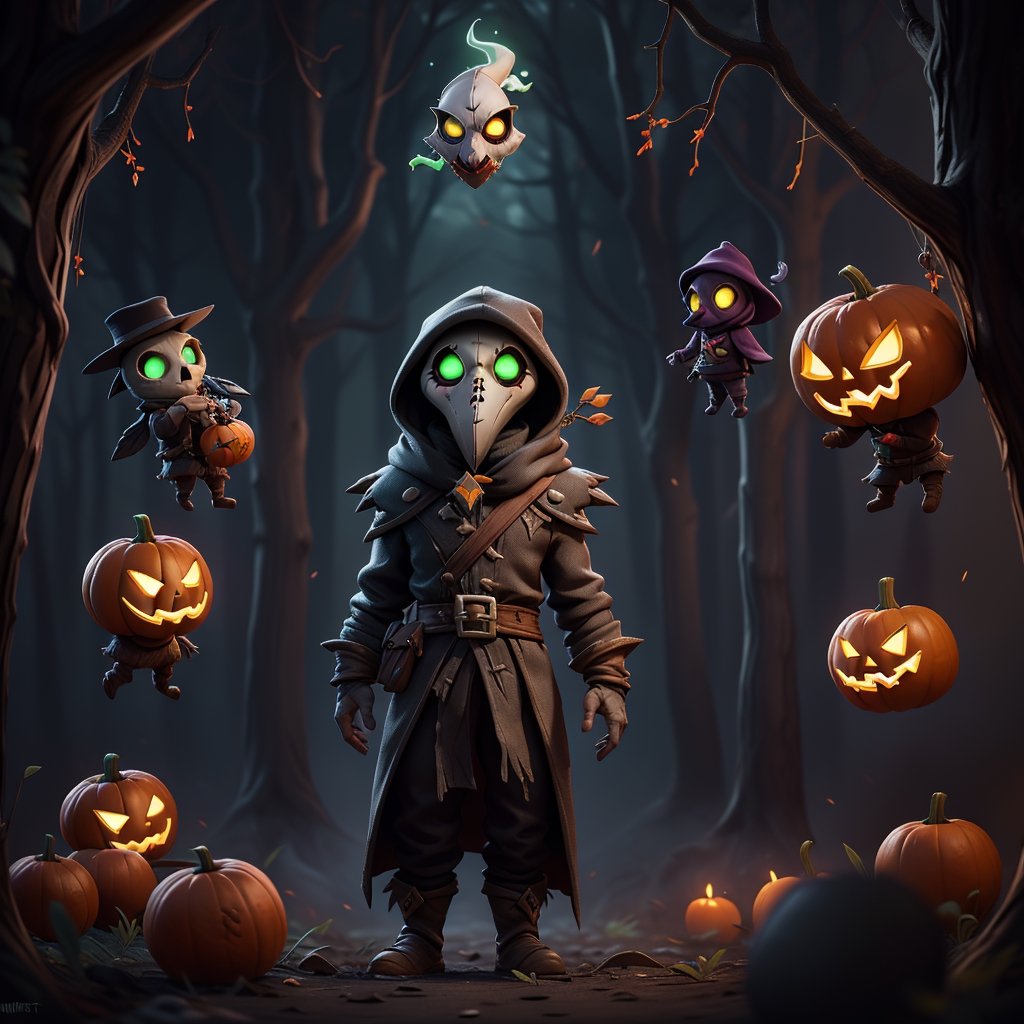 "death prophet" from Dota2 surrounded by her ghosts, glowing green eyes, full body shot, cinematic lighting, gloomy mood, horror,plague doctor,horror,Jack o 'Lantern, jack-o'-lantern monster, little elves with jack-o'-lantern heads