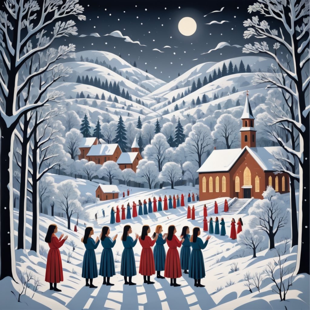 Artistic style of Gerd Arntz, girls in a snowy landscape singing in a choir, snowy and Christmas landscape.,Leonardo Style