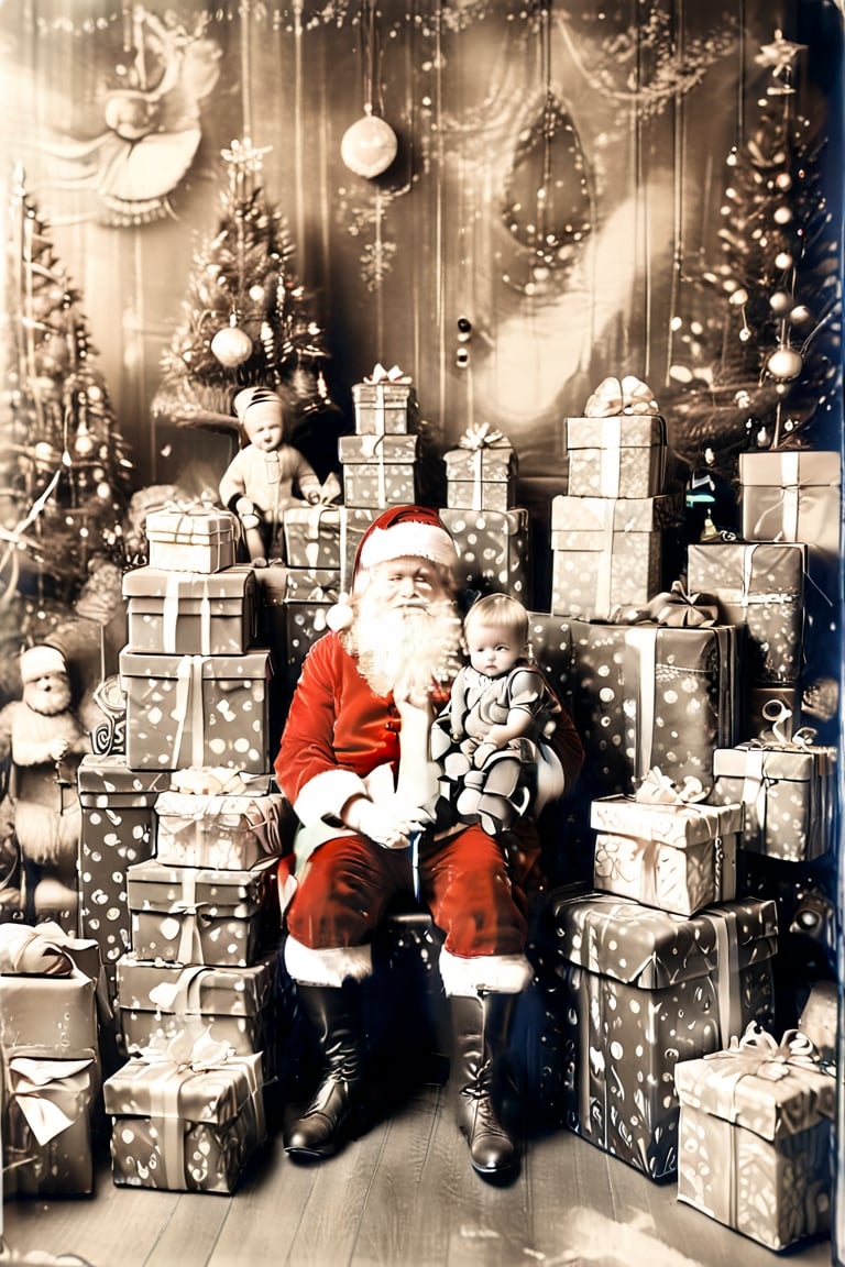 black and white photography.
Santa Claus with a small child on his knee, surrounded by gifts of various colors, Christmas atmosphere

Art style by Kate Baylay,