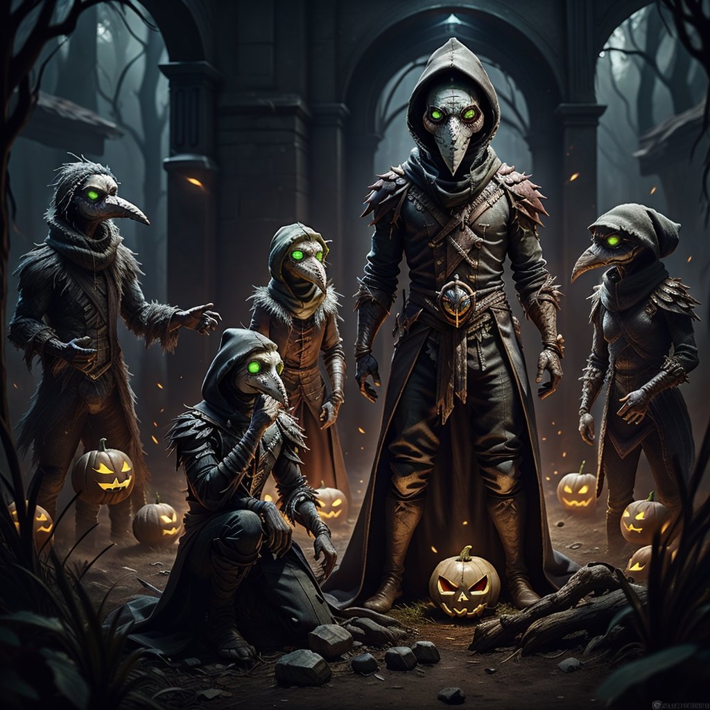 "death prophet" from Dota2 surrounded by her ghosts, glowing green eyes, full body shot, cinematic lighting, gloomy mood, horror,plague doctor,horror,Jack o 'Lantern