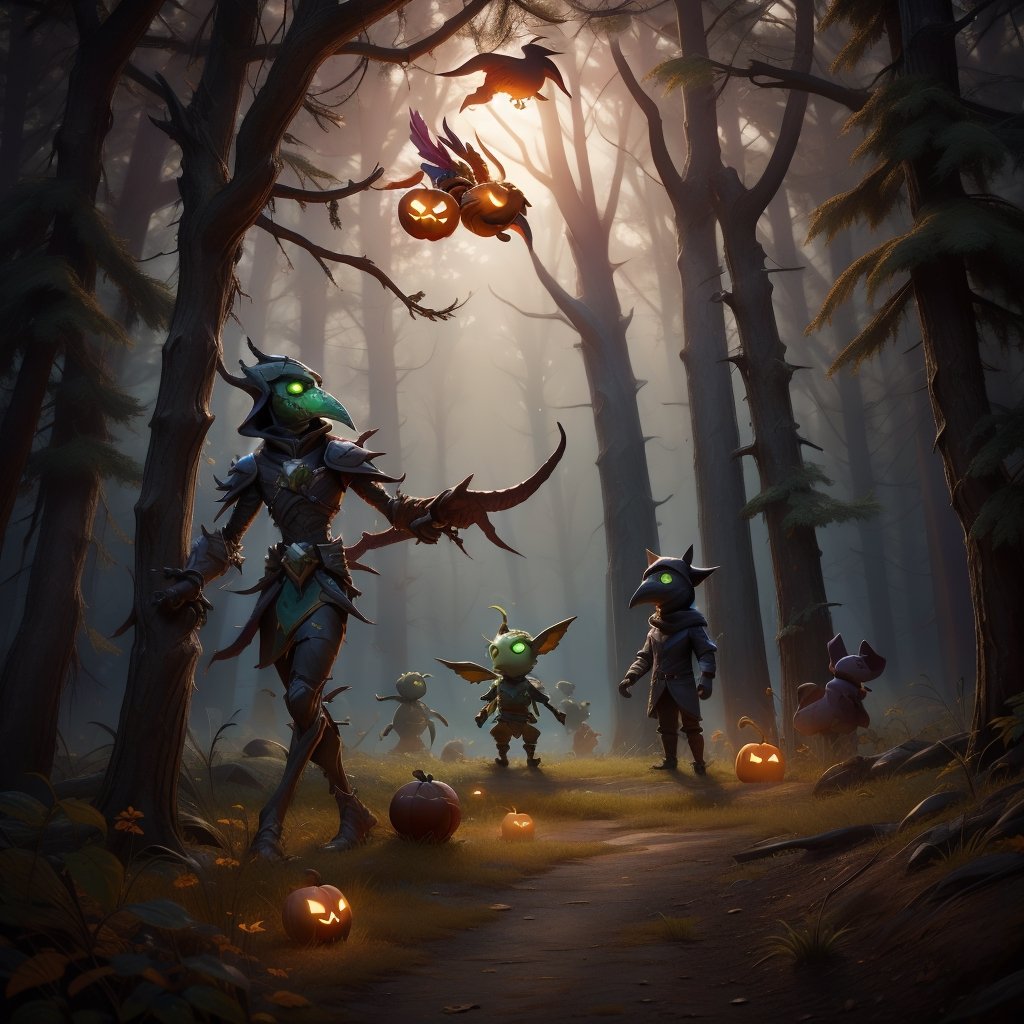 "death prophet" from Dota2 surrounded by her ghosts, glowing green eyes, full body shot, cinematic lighting, gloomy mood, horror,plague doctor,horror,Jack o 'Lantern, jack-o'-lantern monster, little elves with jack-o'-lantern heads, clash of clash, heterochromia,DonMF41ryW1ng5