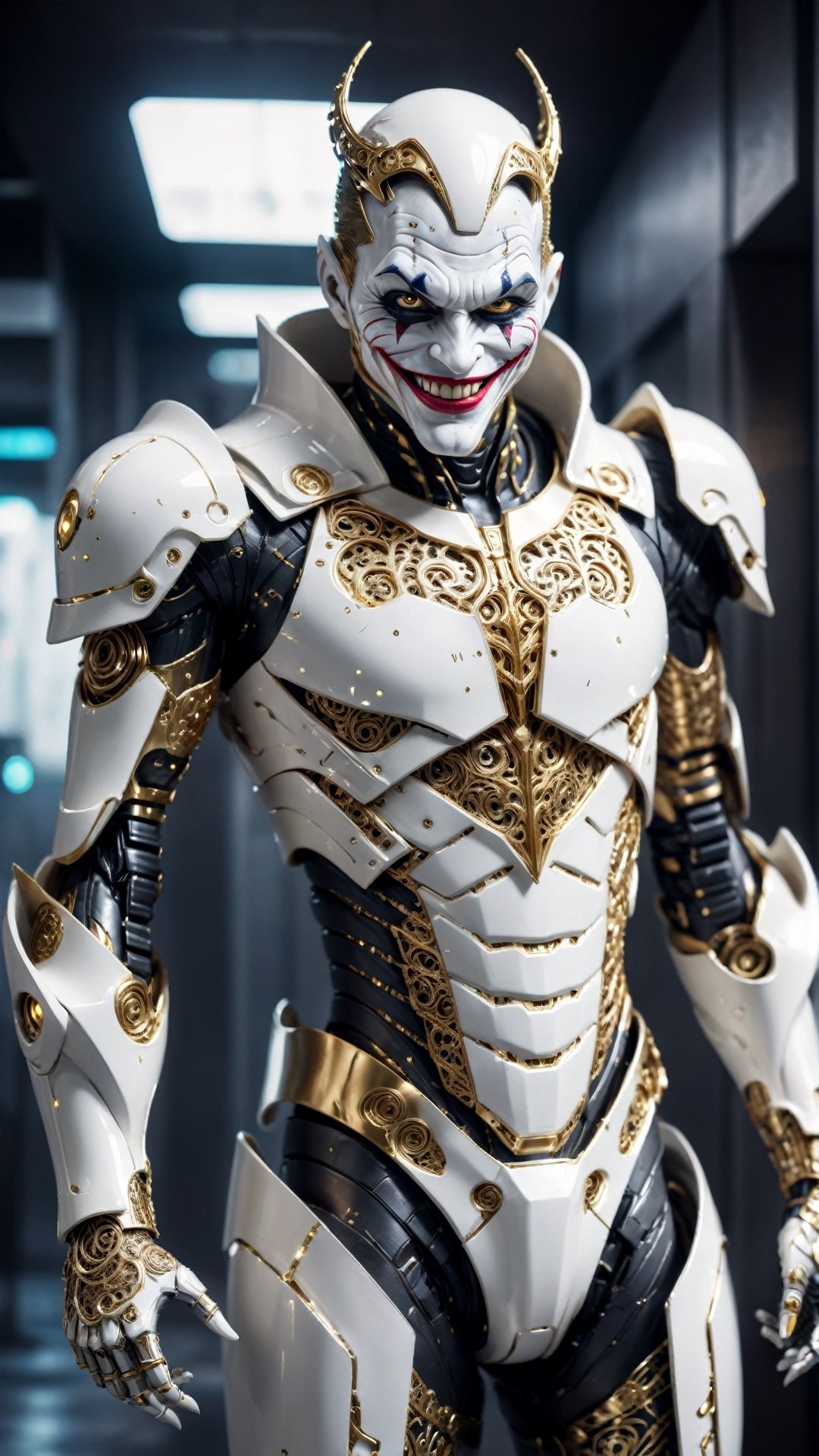 surreal photography of A Hi-Tech Cyberpunk joker wearing futuristic white armor, evil smile, cape, ultra high resolution, 8k photography, extremely detailed, intricate armor, golden filigree, futuristic design, shining body, fullbody_view, perfect custom Hi-Tech suit, intricate armor, detailed texture, soft lighting, Movie Still