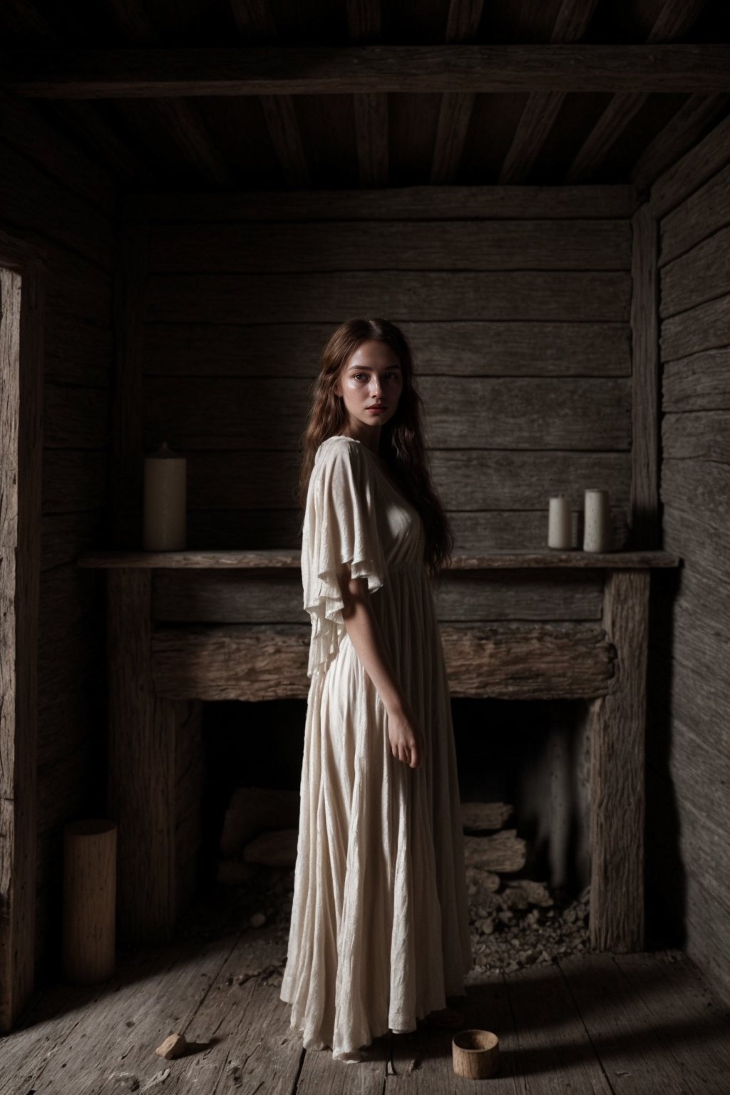 A mesmerizing woman in a gossamer, off-white dress emerges as the central focal point of a dimly lit, cavernous interior of an aged wooden hut. Her lustrous, chestnut hair cascades in unruly waves, framing a face of porcelain-like clarity. Deep-set hazel eyes, intense and penetrating, seem to shimmer with an inner light. Her lips, slightly parted, carry a shade of muted rose, and her skin, flawless and luminescent, stands in stark juxtaposition to the rugged environment.

The backdrop is dominated by time-worn wooden logs and planks, their textures rough and grooved from years of exposure to the elements. Cobwebs, barely visible, cling to the corners, hinting at the passage of time and neglect. In the forefront, remnants of ashen wood rest, remnants of a fireplace, its purpose long forgotten. Adjacent to it, the hazy outlines of primitive tools and structures suggest traces of past habitation or arcane ceremonies.

The entirety of the scene is steeped in profound mysticism. Every intricate detail, from the subtle ripples in her dress to the spectral play of light and shadow, weaves a tale of enchantment, solitude, and timeless beauty.

You can also add additional keywords to your query, such as:

woman
dress
hut
forest
night
magic
mystery
enchantment
solitude
beauty