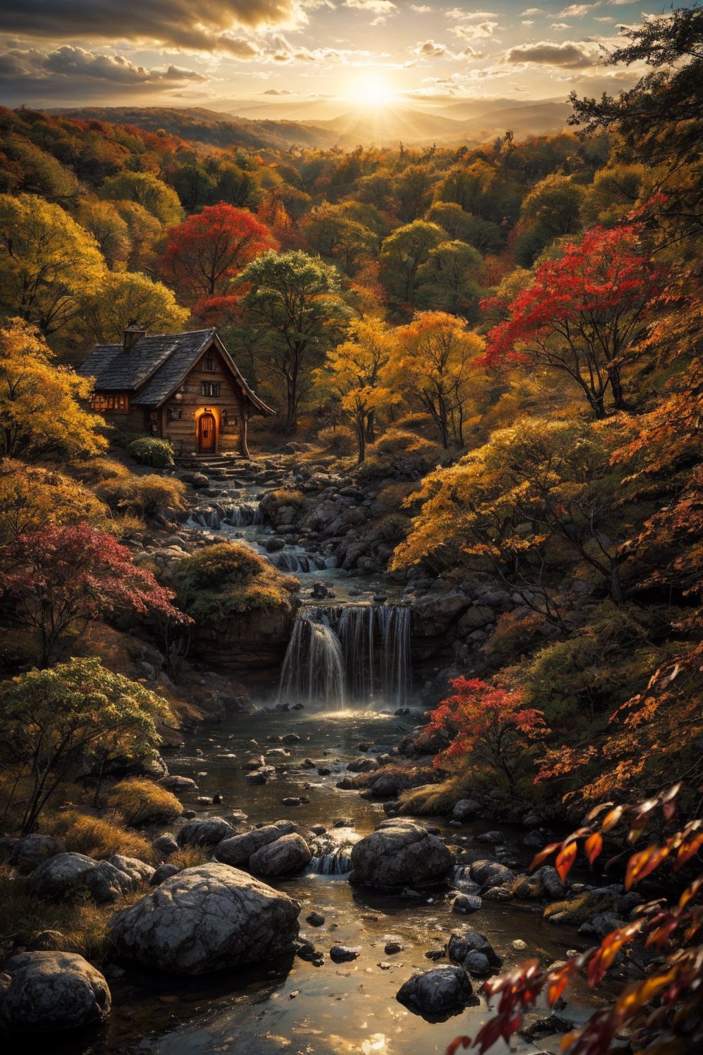 "Generate an enchanting and award-winning photograph that transports viewers to a magical world inhabited by fairies. This world is set within a lush autumn forest, characterized by its vibrant colors and enchanting atmosphere.

The scene should be a testament to the beauty of nature, with fairy houses crafted from wood nestled among the trees. These houses should be whimsical and charming, seamlessly blending with the forest's natural surroundings.

Autumn leaves should blanket the forest floor, with warm and rich hues of red, orange, and gold adorning the landscape. The enchanting atmosphere should be illuminated by the soft, golden light of the autumn sun, casting a warm and inviting glow over the entire scene.

A cascading waterfall should be a central feature, adding both visual and auditory charm to the composition. The waterfall should flow gracefully, with crystalline waters that shimmer and reflect the surrounding colors.

Amongst the foliage, mushrooms of various sizes and colors should emerge, adding to the fantastical quality of the scene. Fireflies should twinkle in the air, casting a magical, luminous aura over the forest.

Introduce tiny, small dragon pets, each unique in its design and appearance, perched on branches or hovering nearby. These creatures should exude a sense of wonder and companionship.

Dwarfs, with their distinctive earthy presence, should be subtly integrated into the scene, adding an element of intrigue and discovery for viewers.

Implement cinematic colors that enhance the enchanting atmosphere, with vibrant and harmonious palettes that evoke the magic of the forest. Utilize dramatic illumination to cast intricate shadows and highlights, creating depth and dimension.

This photograph should be a masterpiece, capturing the whimsy and wonder of a magical fairy world within an autumn forest. The high-resolution 8k format should allow viewers to immerse themselves in the smallest details of this captivating scene."