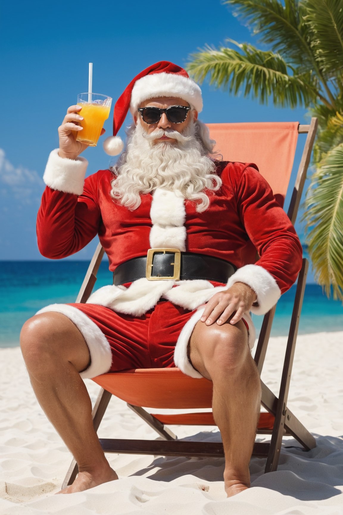 Santa Claus costume, Santa Claus in sunglasses, lying on a deckchair on the beach and drinking a tropical drink, tropical island, resort, strong arms, sleeveless, muscular body, savage, Merry Christmas, stylish