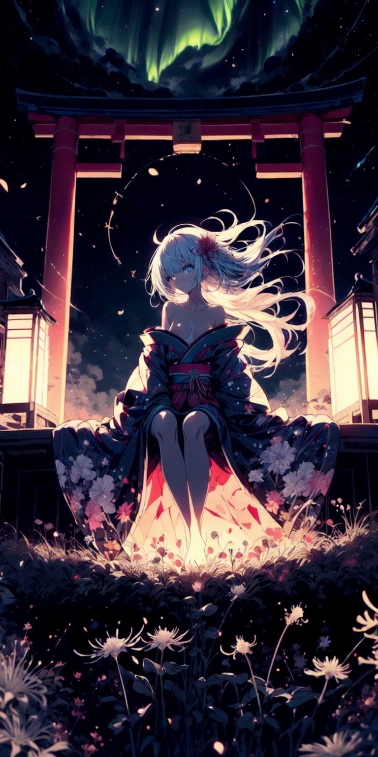 Gorgeous fantasy masterpiece in dark color tone, (((an anime style slender girl dressing (((low-cut))) kimono in short kimono skirt))), (((strapless))), [(((the contrast pattern of kimono is about black, galaxy, stars, colorful, spider lily)))], long sleeve, (((exposed clavicle))), (((exposed shoulders))), (((flowing long hair))), (((sidely sitting on the roof of a very big grand intricately glowy japanese torii in a distance))), (((full torri))), (((sitting sideways, crossing bare slender leg, bare foot, sideways glance, sexy, erotic))),  (((flowing kimono))), (((a small pretty spider lily hair accessory))), (((hyperdetailed skin, full body))), 1girl, solo, (((1torri))), (((spider lily))), (((back lighting))), light particles, defiant gaze, dark of night, sea, galaxy, aurora, clouds, moon, stars, meteor, colorful, low angle shot, detailed,  32k resolution, best quality, midjourney,High detailed ,EpicSky,cloud,sugar_rune,glowing clothes,midjourney,firefliesfireflies,cartoon,xjrex,Color magic,Saturated colors,weapon,DonMF41ryW1ng5,portrait,illustration,fcloseup,rgbcolor,emotion