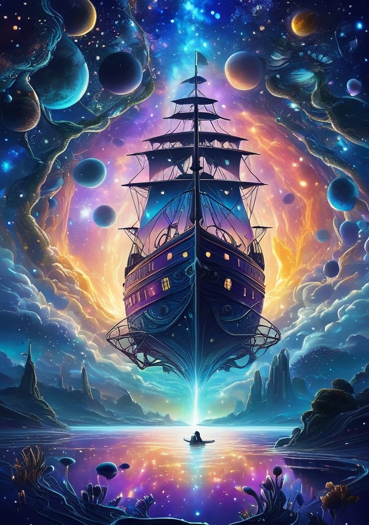 A mesmerizing astral sky, exploring the depths of the purple night sky, gazes intensely into the void with eyes shimmering like stars. In the sky there is a winter planet glowing surrounded by six moons. 25% of canvas on right part of canvas small, white, rounded, futuristic, alien ship swimming in the night lake. shining starry underwater tree and plants. Ship face to sky. Two sailor warriors on bow watching the sky from ship. On left part of the night sky there is colordul starry galaxy carved in sky in the shape of a spread-wings bird. This concept art is a breathtaking digital painting. Beautiful and colorful Alien world. The image is a masterpiece of contrast, with the ship's ethereal figure illuminated by the glow of distant galaxies. The dark backdrop adds depth and mystery to the composition, evoking a sense of wonder and cosmic exploration. This high-definition artwork captivates viewers with its intricate details, vibrant colour
