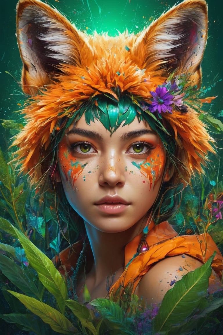 (masterpiece:1.1), (highest quality:1.1), (HDR:1.0), extreme quality, cg, (negative space), detailed face+eyes, 1girl, fox ears, animal ear fluff, (plants:1.18), (fractal art), (bright colors), splashes of color background, colors mashing, paint splatter, complimentary colors, neon, (thunder tiger), compassionate, electric, limited palette, synthwave, fine art, tan skin, upper body, (green and orange:1.2), time stop, sy3, SMM