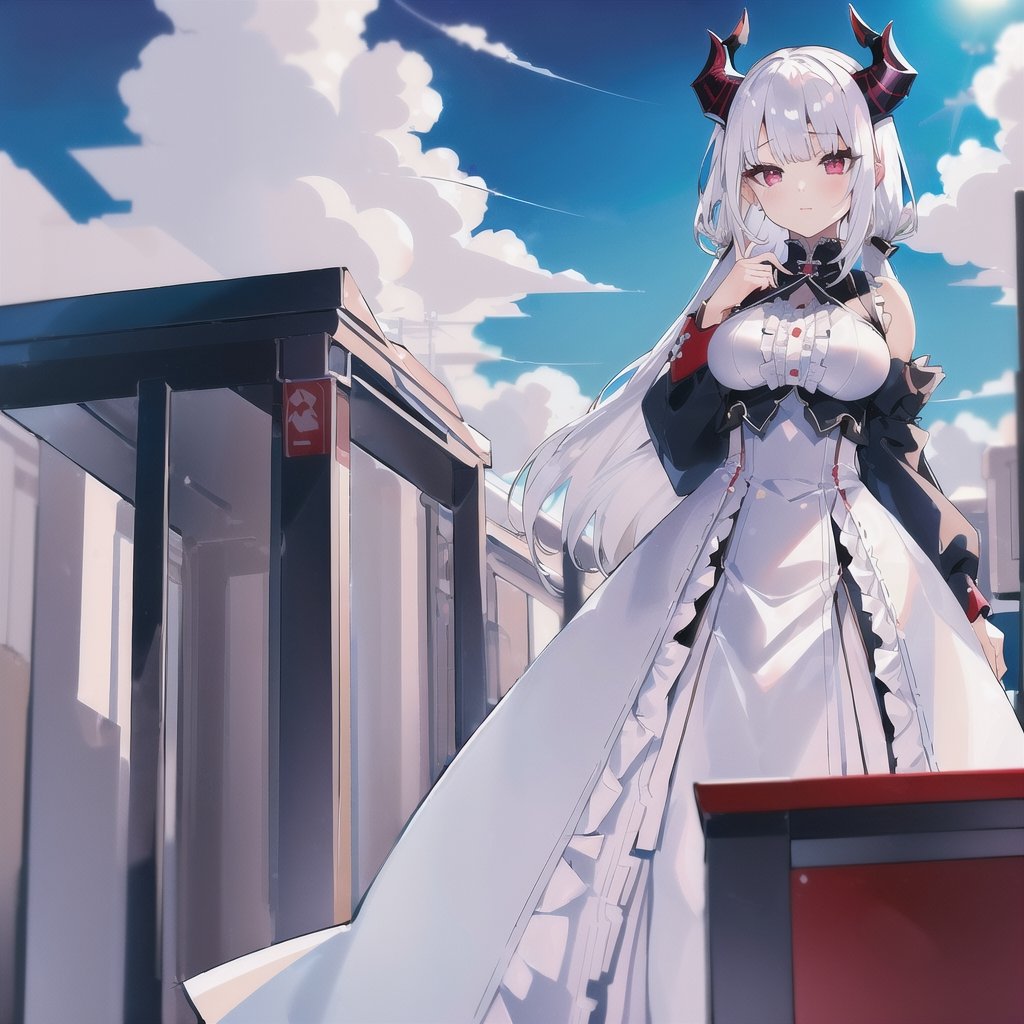 1girl, solo_focus, kawaii_face, white_hair, silver_hair,red_eyes, transparent_eyes, bishoujo, detailed, illustration:1.5, high_resolution, dragon_horns, large_breasts, midriff dress:1.5, frills, off_shoulder, cloud, sky, best quality, masterpiece