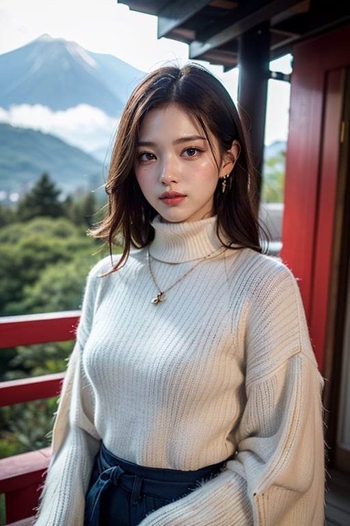 1 girl, (cloud and mountain scenery), (at a shrine in Kyoto), (Japanese shrine), turtleneck sweater, ((Realistic photo: 1.4), Unity 8k, super detailed, beautiful, aesthetic, masterpiece, best quality, shining skin, movie lighting, smile of light, small necklace, earrings, spirit of young beauty, the best face in the world, sexy