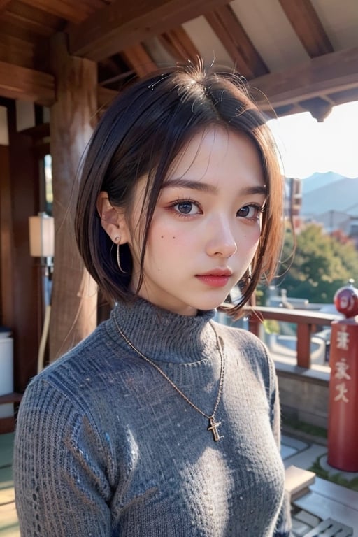 1 girl, (cloud and mountain scenery), (at a shrine in Kyoto), (Japanese shrine), turtleneck sweater, ((Realistic photo: 1.4), Unity 8k, super detailed, beautiful, aesthetic, masterpiece, best quality, shining skin, movie lighting, smile of light, small necklace, earrings, spirit of young beauty, the best face in the world, sexy,a_line_haircut,Young beauty spirit 