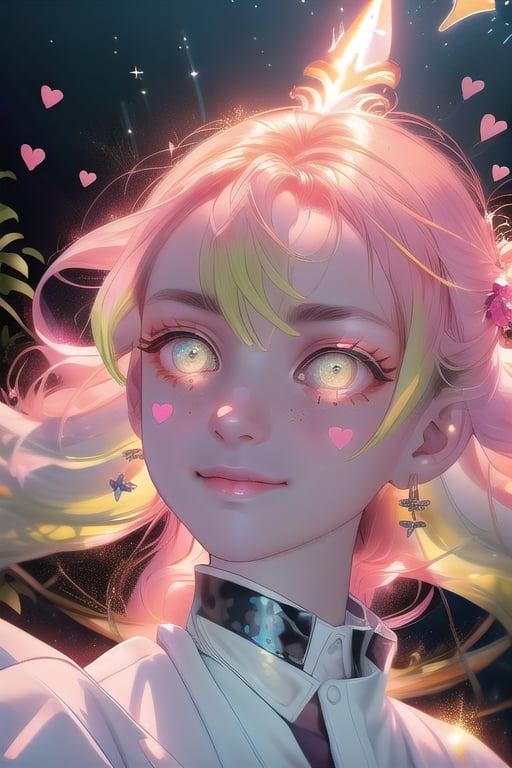 (masterpiece), best quality, expressive eyes, perfect face, glowing eyes, heart pupils, hair ornament, Volumetric Lighting, glitter, blush stickers,makima \(chainsaw man\),glitter,mitsuri(demon slayer)