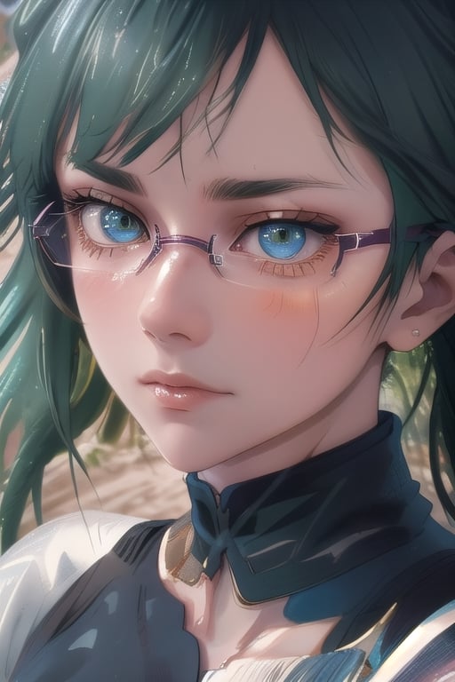 (masterpiece), best quality, expressive eyes, perfect face, glowing eyes, heart pupils, hair ornament, rainbow hair, Volumetric Lighting, glitter, black dress, thigh strap, thigh boots, blush stickers, anime,zenin_maki, glasses