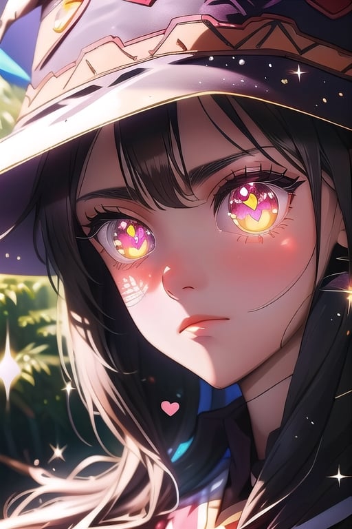 (masterpiece), best quality, expressive eyes, perfect face, glowing eyes, heart pupils, hair ornament, Volumetric Lighting, glitter, blush stickers,outfit-km,Megu-KJ, wizard hat