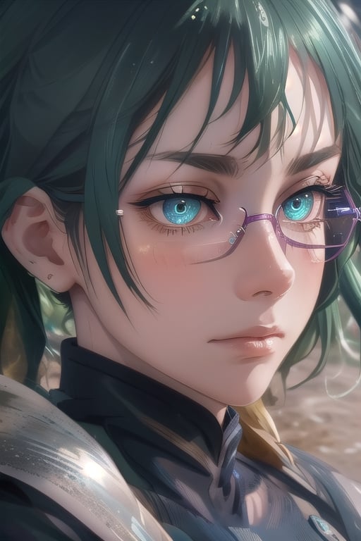 (masterpiece), best quality, expressive eyes, perfect face, glowing eyes, heart pupils, hair ornament, rainbow hair, Volumetric Lighting, glitter, black dress, thigh strap, thigh boots, blush stickers, anime,zenin_maki, glasses