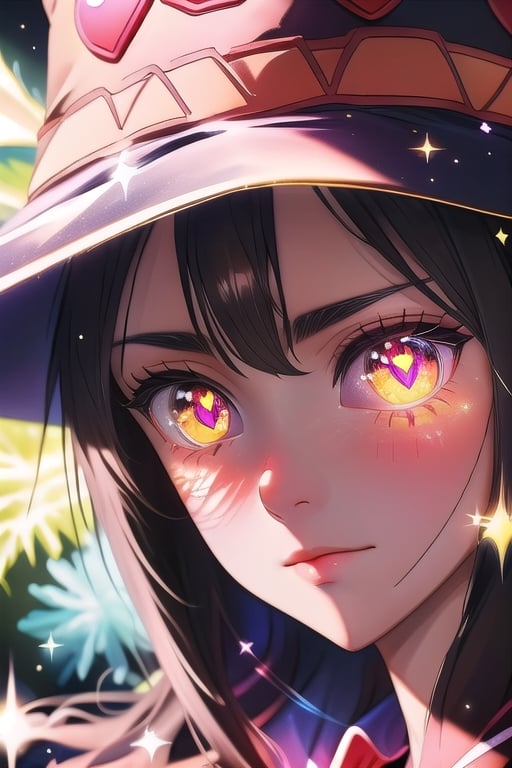 (masterpiece), best quality, expressive eyes, perfect face, glowing eyes, heart pupils, hair ornament, Volumetric Lighting, glitter, blush stickers,outfit-km,Megu-KJ, wizard hat