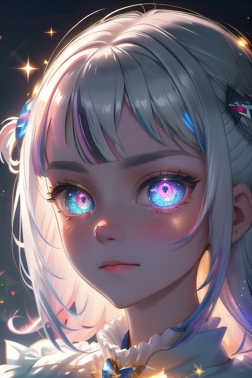 (masterpiece), best quality, expressive eyes, perfect face, glowing eyes, heart pupils, hair ornament, Volumetric Lighting, glitter, blush stickers, gawr gura